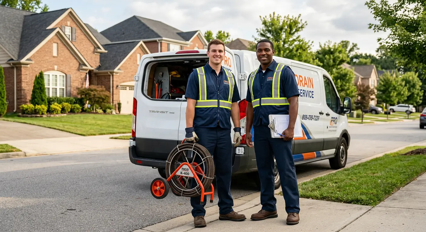 Sewer and drain service team with equipment ready for work in Somerville