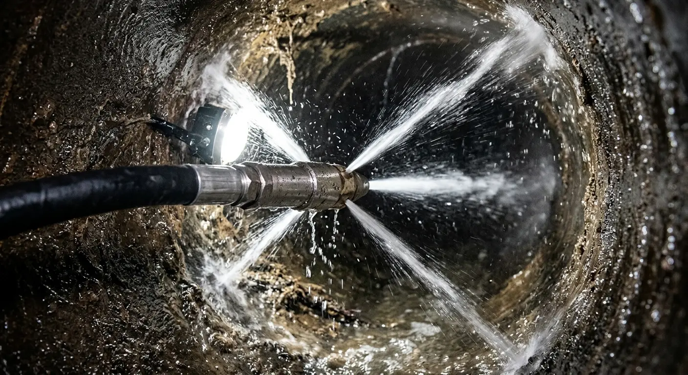 High-pressure hydro jetting nozzle cleaning sewer pipe for Trenchless Sewer Repair in Somerville