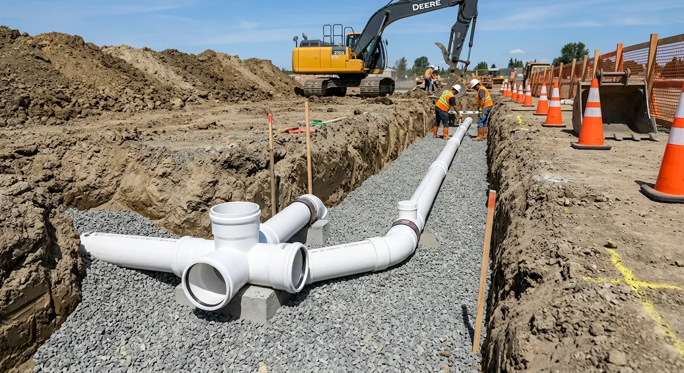 New PVC sewer pipe installation in open trench for Commercial Drain Cleaning in Somerville