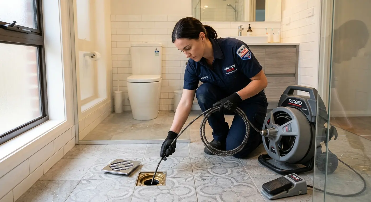 Technician clearing a bathroom floor drain for Drain Cleaning in Somerville